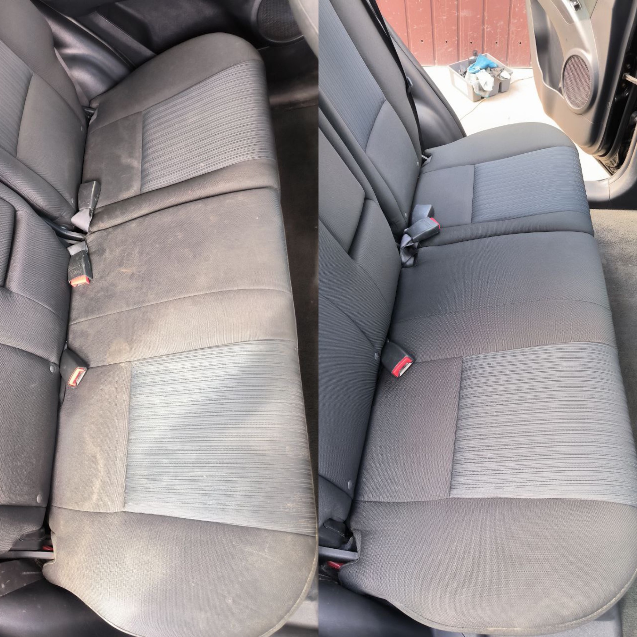 Tapicerka samochodowa 'przed i po': po lewej stronie widoczne zabrudzenia, po prawej czysta, szara tkanina. Widoczne pasy bezpieczeństwa i zagłówki.