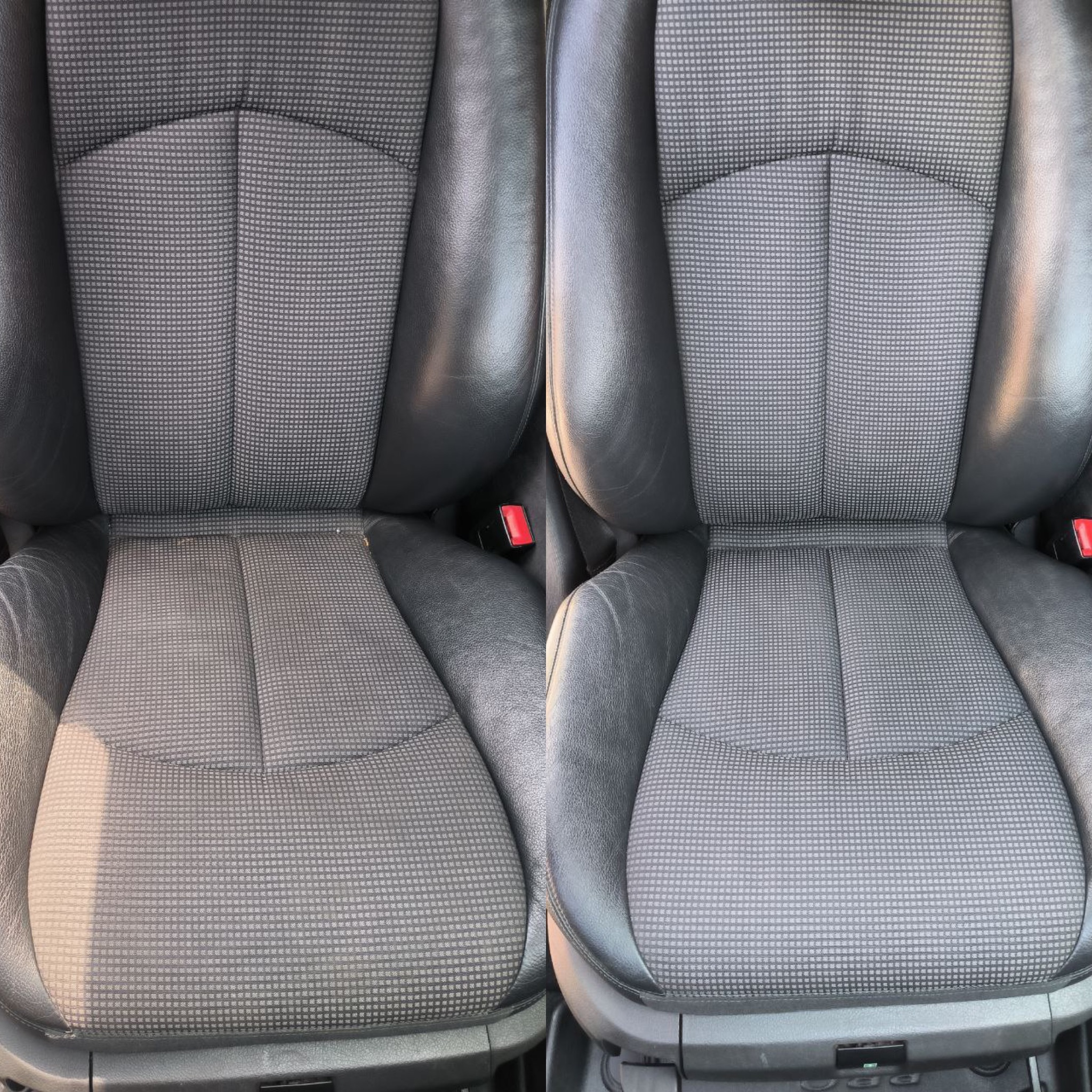 Tapicerka samochodowa przed i po czyszczeniu, widoczne różnice w odcieniu i czystości materiału. Czarny skórzany bok fotela, szara tekstylna część środkowa.