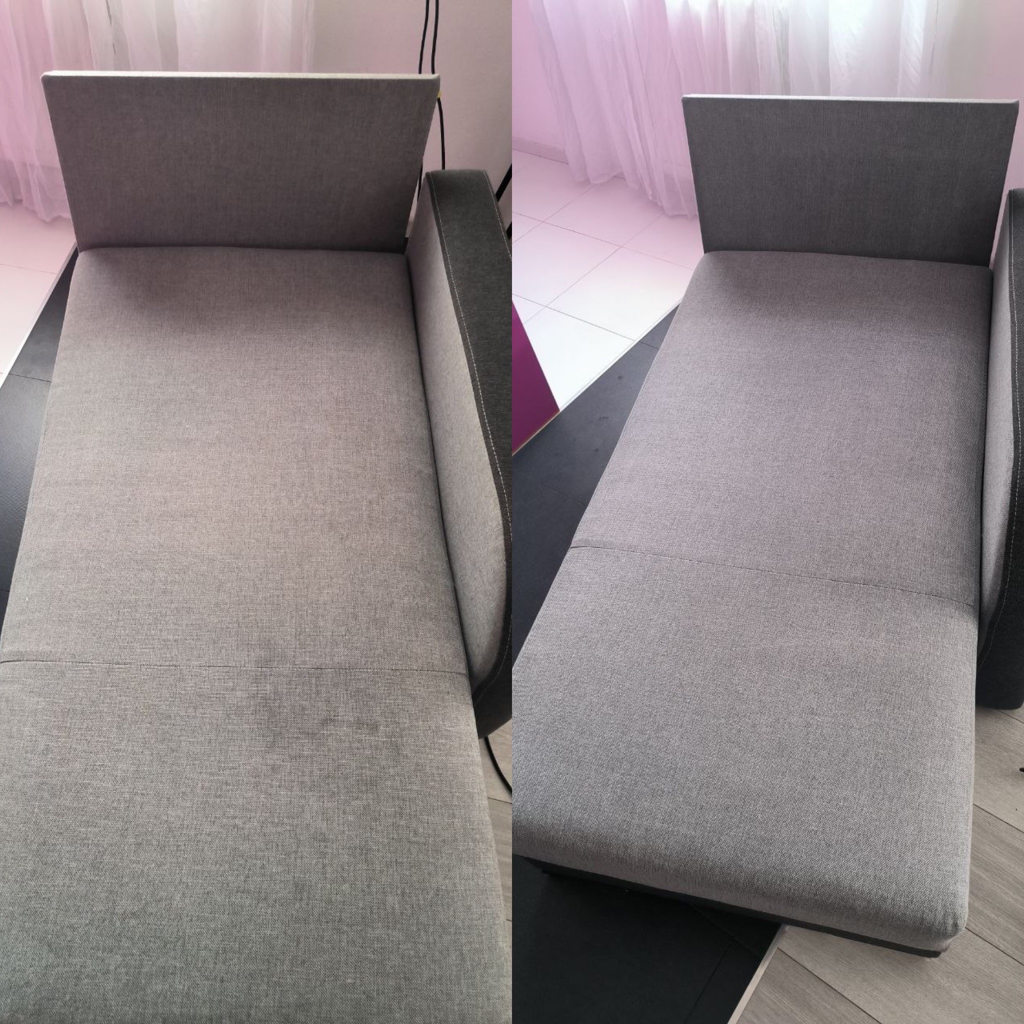 Zdjęcie 'przed i po' czyszczenia szarej, tapicerowanej leżanki. Po lewej widoczny stan przed, po prawej – efekt po czyszczeniu, z jaśniejszą i czystszą tapicerką.