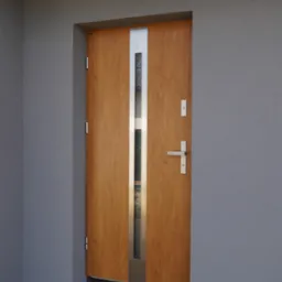 Drewnopodobne drzwi wejściowe z przeszkleniem i srebrnymi akcentami, zamontowane w szarej elewacji budynku w trakcie wykończenia. Widoczne detale montażowe.