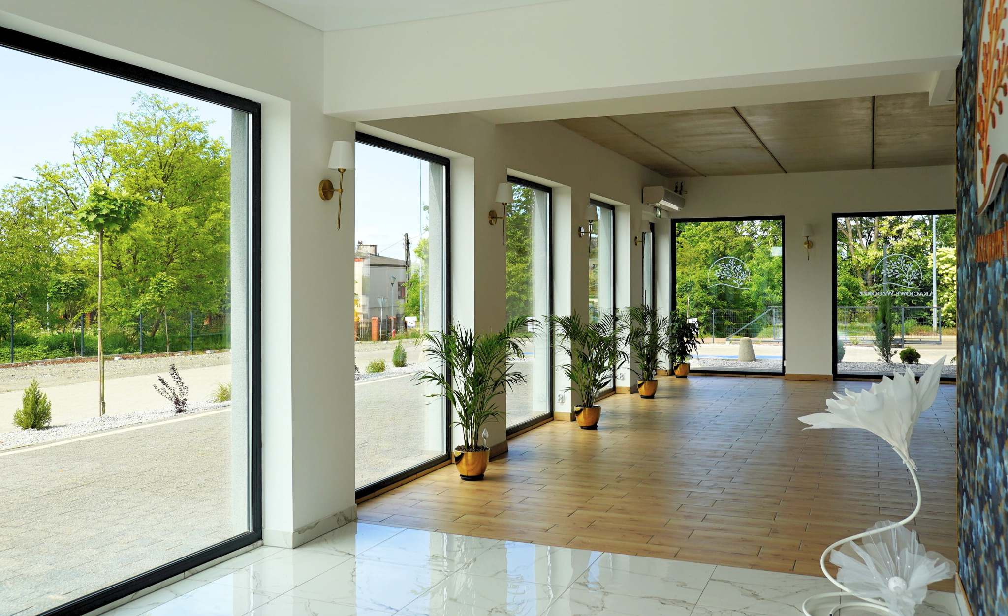 Jasne wnętrze z rzędem okien w czarnych ramach, widok na zieleń na zewnątrz. Na podłodze doniczkowe rośliny. Nowoczesny design.