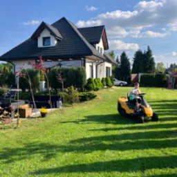 Chłopiec kosi trawę na traktorze w słonecznym ogrodzie. W tle dom z ciemnym dachem i zadbane krzewy. Widoczne ścięte drewno i dekoracje ogrodowe.