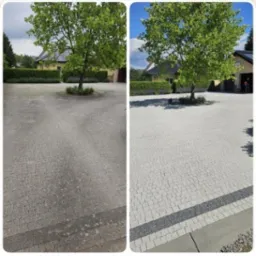 Zdjęcie 'przed i po' ukazujące różnicę w wyglądzie kostki brukowej po czyszczeniu. Po lewej stronie kostka jest brudna, po prawej czysta. Na środku rośnie drzewo.