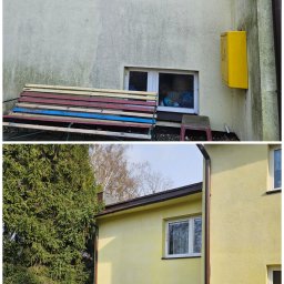 PROCLEAN360 GRZEGORZ PIKUŁA - Dwuczęściowe ujęcie elewacji budynku: górna część z widocznymi zabrudzeniami, dolna po odświeżeniu, z intensywnym żółtym kolorem i czystą powierzchnią.