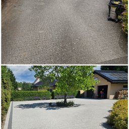 PROCLEAN360 GRZEGORZ PIKUŁA - Zdjęcie 'przed i po' mycia kostki brukowej na posesji z drzewem pośrodku. Po lewej stronie widoczny sprzęt do czyszczenia. Efekt czyszczenia jest wyraźnie widoczny.