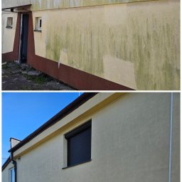 PROCLEAN360 Grzegorz Pikuła - Elewacja budynku przed i po czyszczeniu. Górna część z zielonym nalotem, dolna po umyciu, w jasnym odcieniu. Widoczne okno z roletą i fragment dachu.