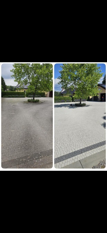 Zdjęcie 'przed i po' ukazujące różnicę w wyglądzie kostki brukowej po czyszczeniu. Po lewej stronie kostka jest brudna, po prawej czysta. Na środku rośnie drzewo.