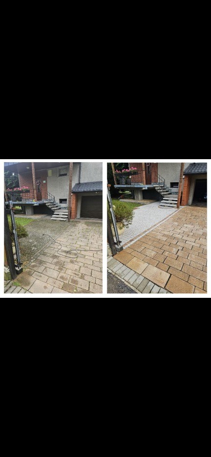 Zdjęcie 'przed i po' czyszczenia kostki brukowej na podjeździe domu. Po lewej brudna kostka, po prawej czysta, jasna kostka. Widoczny wąż ciśnieniowy.