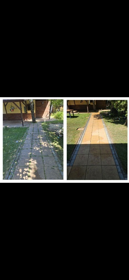 Zdjęcie 'przed i po' prezentujące efekt czyszczenia kostki brukowej na posesji. Po lewej stronie widoczna jest zabrudzona kostka, po prawej – czysta, jasna powierzchnia.