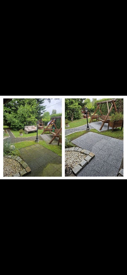 Porównanie stanu kostki brukowej przed i po czyszczeniu. Po lewej: zabrudzona, zielona kostka. Po prawej: czysta, szara kostka brukowa, otoczona kamieniami.