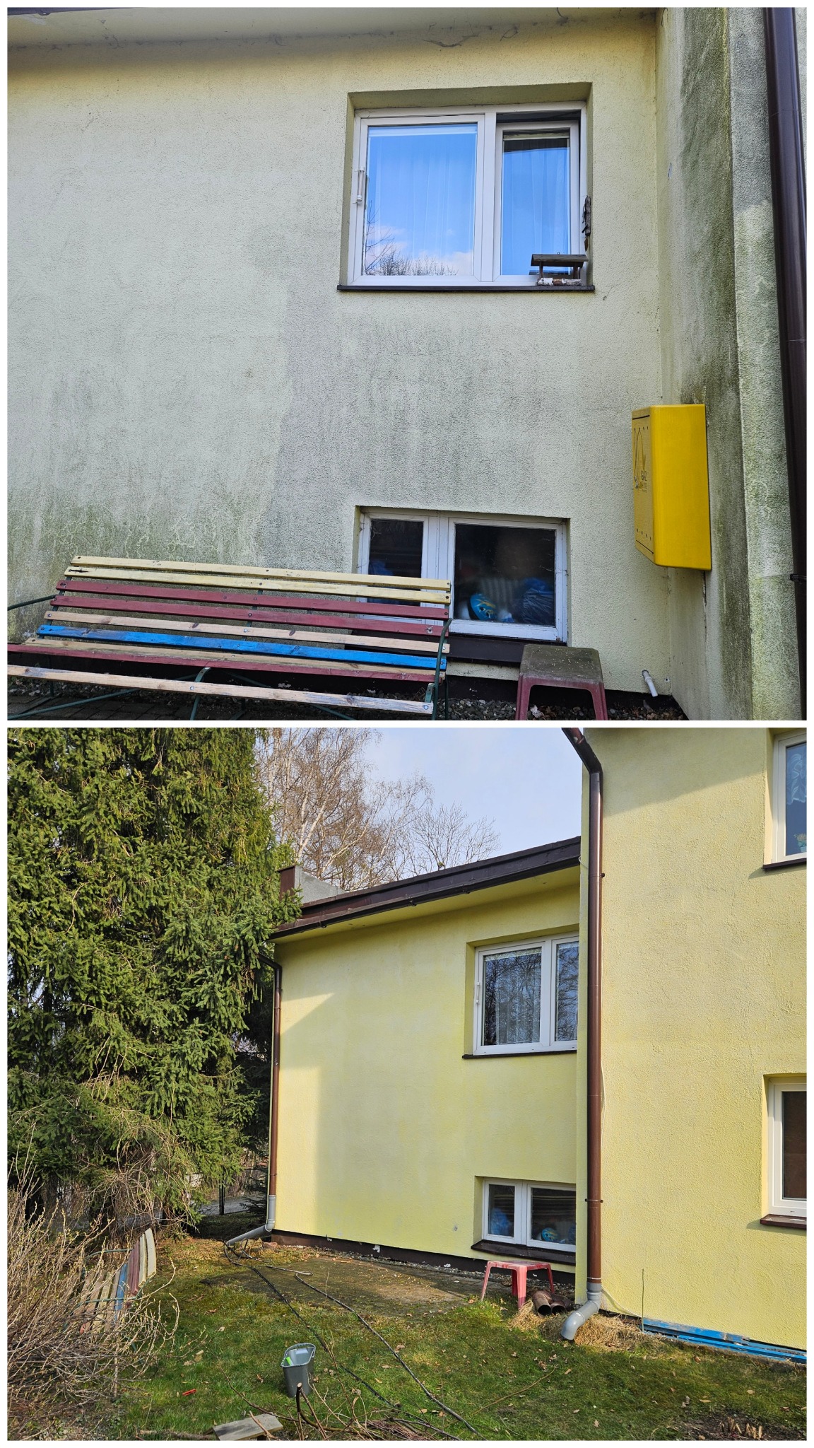 Dwuczęściowe ujęcie elewacji budynku: górna część z widocznymi zabrudzeniami, dolna po odświeżeniu, z intensywnym żółtym kolorem i czystą powierzchnią.