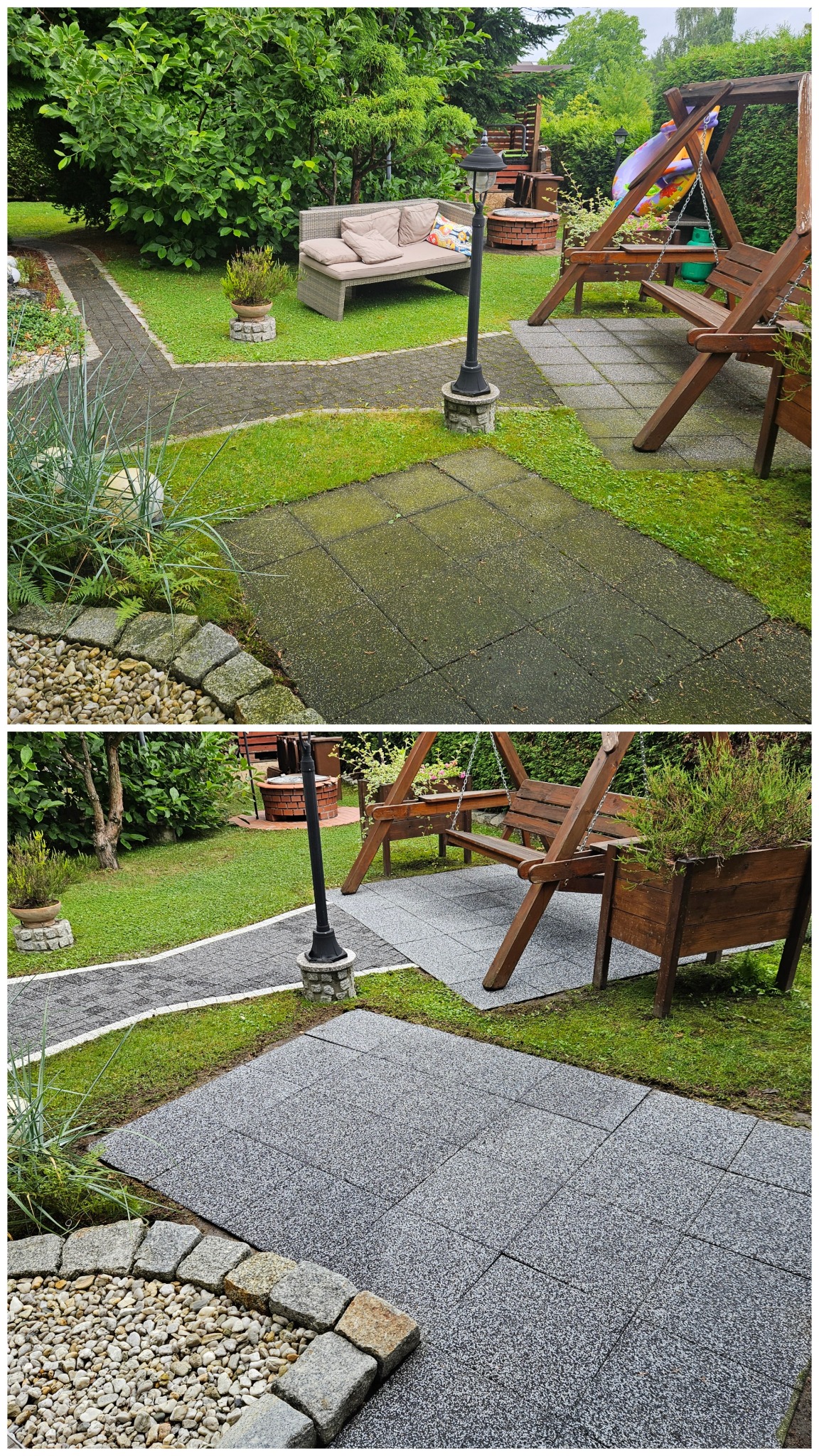 Zdjęcie 'przed i po' mycia kostki brukowej na posesji. W górnej części widoczna zabrudzona kostka, w dolnej czysta, szara kostka brukowa. Widoczne meble ogrodowe i zieleń.