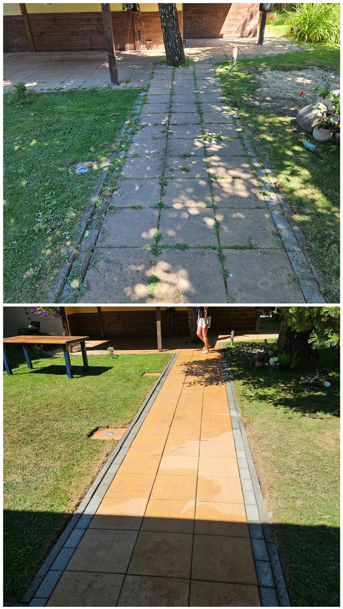 Zdjęcie 'przed i po' czyszczenia kostki brukowej na posesji. Górna część ukazuje zabrudzoną kostkę, dolna - czystą, pomarańczową kostkę brukową.