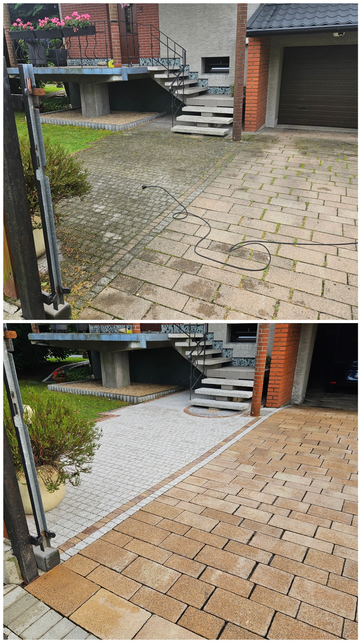 Zdjęcie 'przed i po' prezentujące efekt czyszczenia kostki brukowej na podjeździe. Widoczna różnica w kolorze i czystości kostki, z usuniętymi zabrudzeniami i mchem.