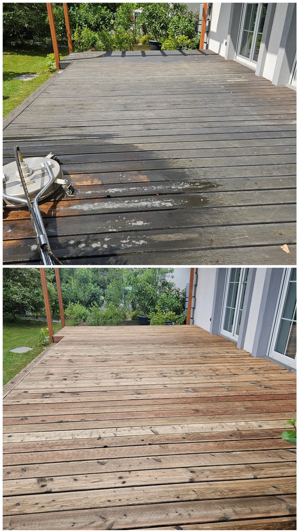 Zdjęcie 'przed i po' czyszczenia drewnianego tarasu. Górna część: brudna, dolna: czysta, z odzyskanym naturalnym kolorem drewna. Widoczna myjka ciśnieniowa.