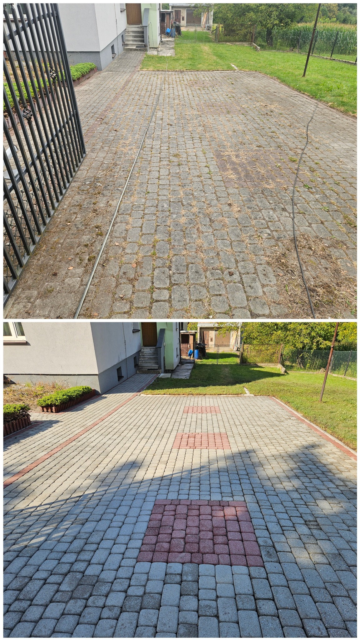Zdjęcie 'przed i po' czyszczenia kostki brukowej na podjeździe. Górna część ukazuje zabrudzoną kostkę, dolna - czystą, z widocznymi czerwonymi akcentami.
