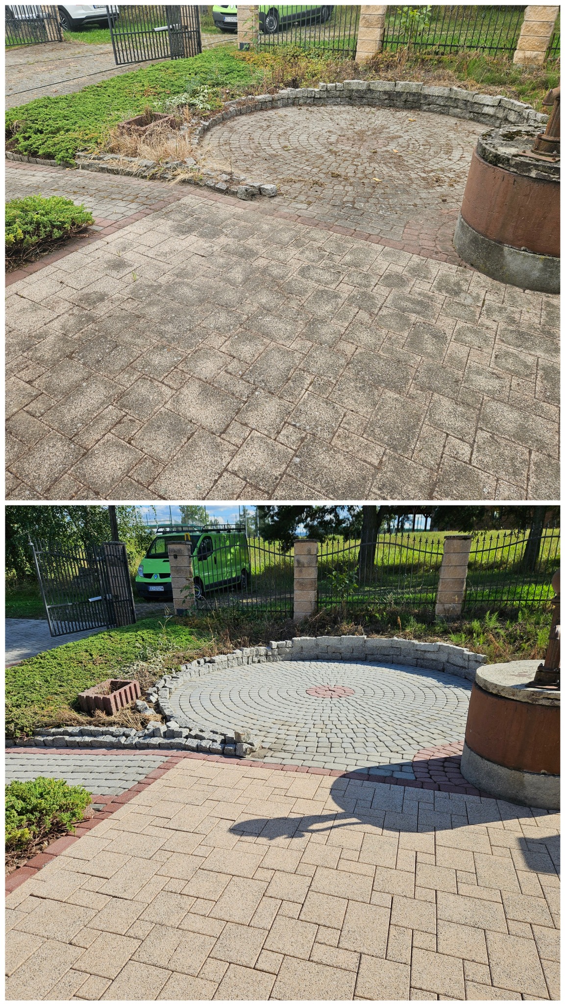Zdjęcie 'przed i po' mycia kostki brukowej: zszarzała, zabrudzona kostka zmienia się w czystą, jasną nawierzchnię z wyraźnym wzorem. Widoczny fragment ogrodu i studnia.