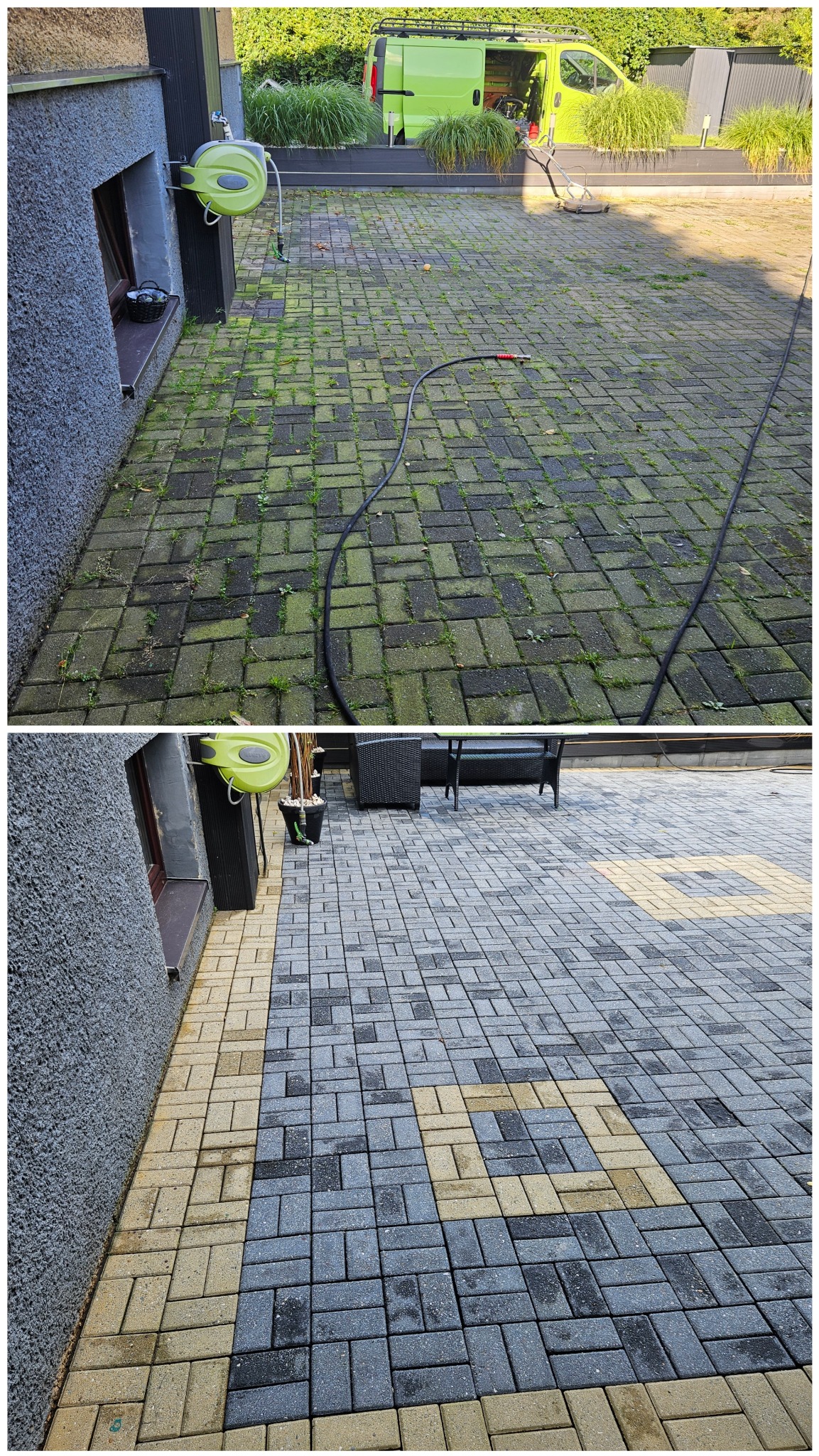 Kostka brukowa przed i po czyszczeniu. Górna część zdjęcia pokazuje kostkę porośniętą mchem, dolna część prezentuje czystą, odświeżoną powierzchnię.