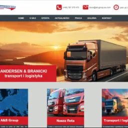 Strona internetowa firmy transportowej Andersen & Branicki Group, z grafiką ciężarówki na tle górskiego krajobrazu o zachodzie słońca i elementami nawigacji.