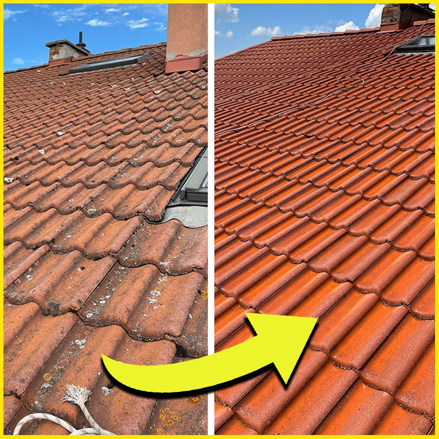 Czerwona dachówka przed i po zabiegu czyszczenia, z wyraźną strzałką wskazującą różnicę. Widoczne zabrudzenia i odświeżona powierzchnia.