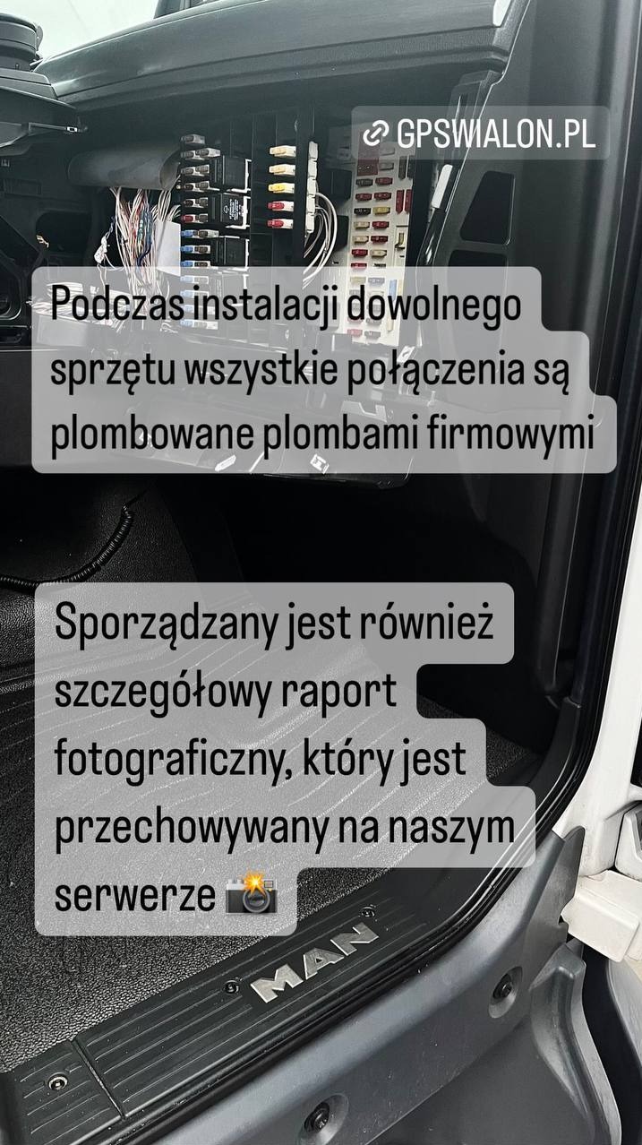 Instalacja zabezpieczeń w skrzynce bezpieczników MAN. Widoczne plomby firmowe i okablowanie. Zapewniony raport fotograficzny i monitoring GPS.