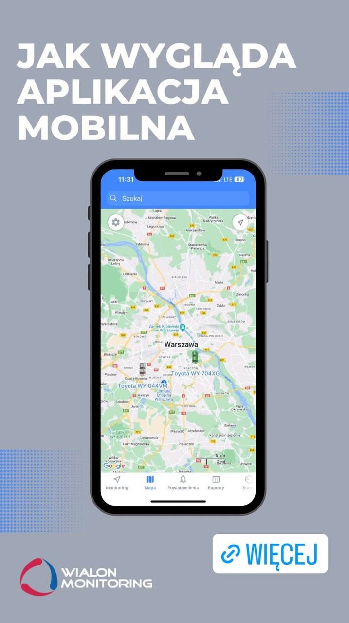 Aplikacja mobilna do monitoringu GPS na smartfonie, z mapą Warszawy. Widoczne ikony: Monitoring, Mapa, Powiadomienia, Raporty. Logo Wialon Monitoring w lewym dolnym rogu.