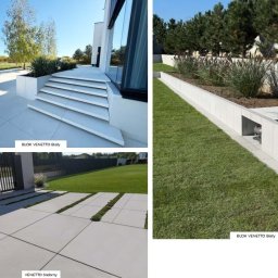 BRUKSTONE SPÓŁKA Z OGRANICZONĄ ODPOWIEDZIALNOŚCIĄ - Nowoczesna aranżacja przestrzeni z białymi i szarymi elementami betonowymi. Widok na schody, ścieżkę i murki w Wilkowa Wieś, zieleń w tle.