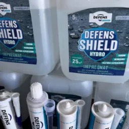Impregnat i klej do betonu Defens Shield Hydro w białych opakowaniach, przeznaczone do ochrony ogrodzeń betonowych i kostki brukowej, widoczne etykiety z opisem produktu.