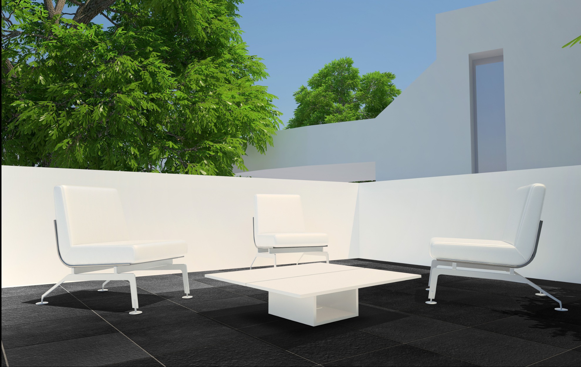 Nowoczesny taras z czarną kostką brukową, białymi meblami i minimalistycznym designem. Widoczne drzewa w tle. Kąt ujęcia podkreśla geometrię przestrzeni.