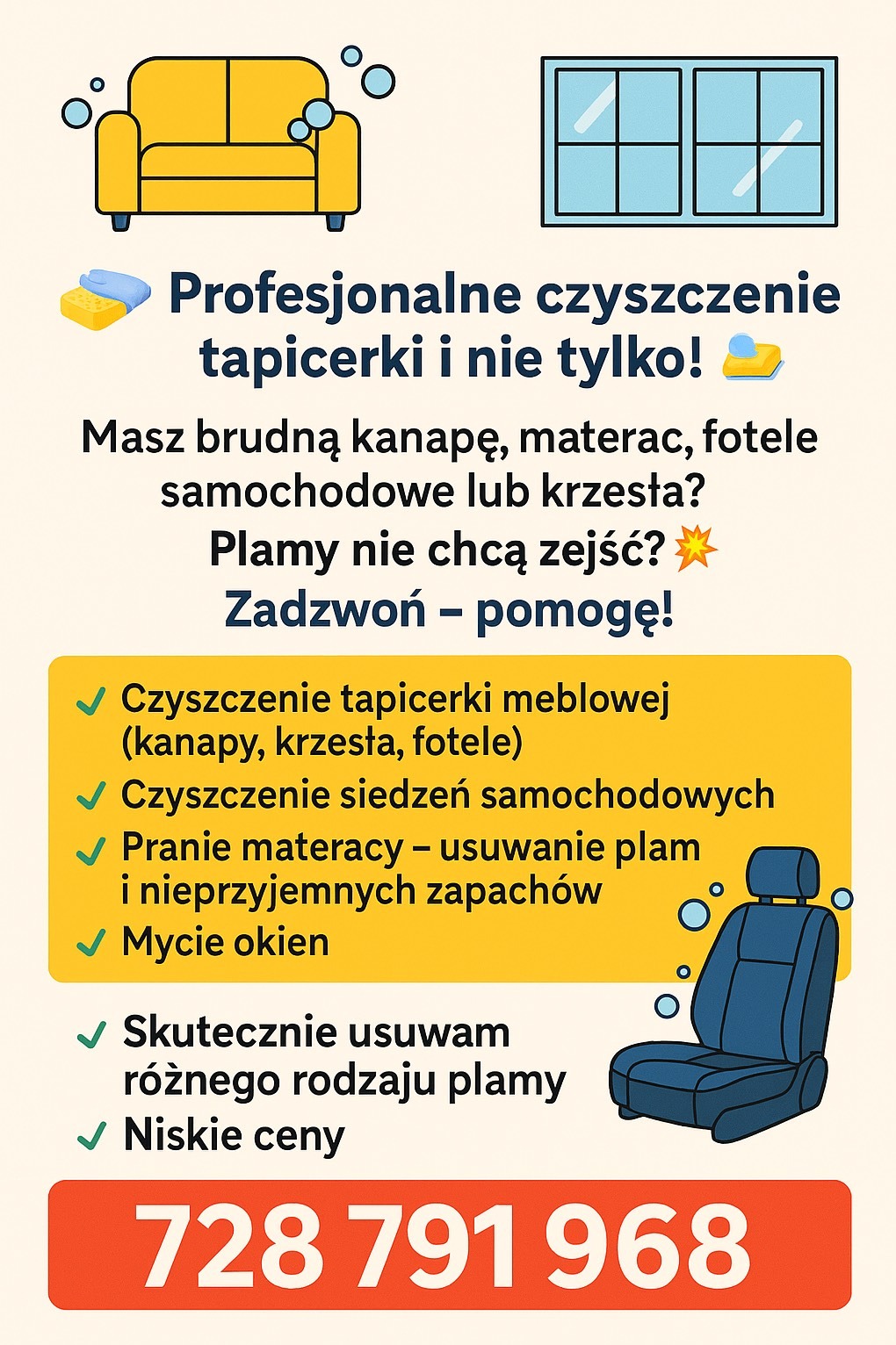 Grafika reklamowa usług czyszczenia tapicerki meblowej, siedzeń samochodowych, materacy i mycia okien. Zawiera ilustracje kanapy, okna i fotela samochodowego.