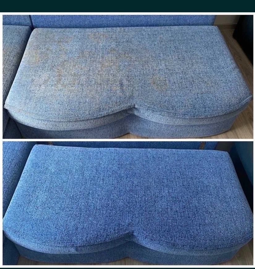 Narożnik z niebieską tapicerką: widok przed i po czyszczeniu. Górna część z widocznymi plamami, dolna - po usunięciu zabrudzeń, jednolity kolor.