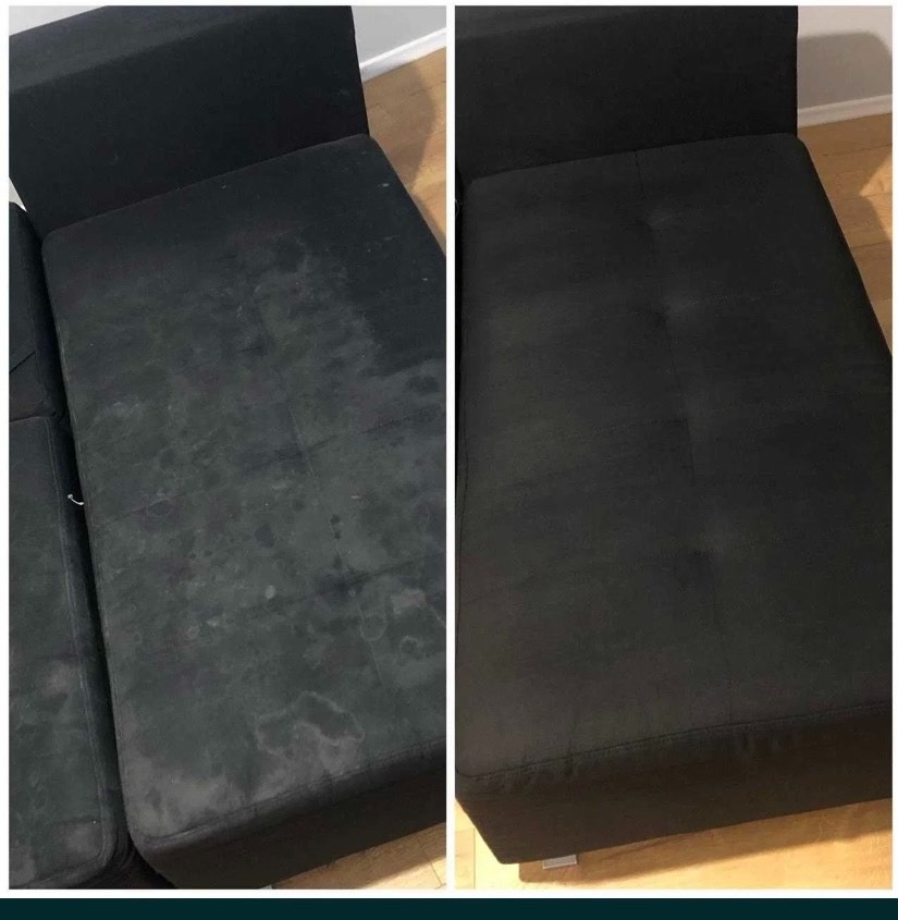 Porównanie: zabrudzona, wyblakła czerń kanapy vs. głęboka, odświeżona czerń po czyszczeniu. Widoczne plamy i różnice w odcieniach przed i po.