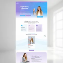 Strona internetowa z jasnym motywem, prezentująca kurs chemii. Zdjęcie zawiera grafikę z uśmiechniętą kobietą trzymającą probówkę, nagłówki i przyciski CTA.