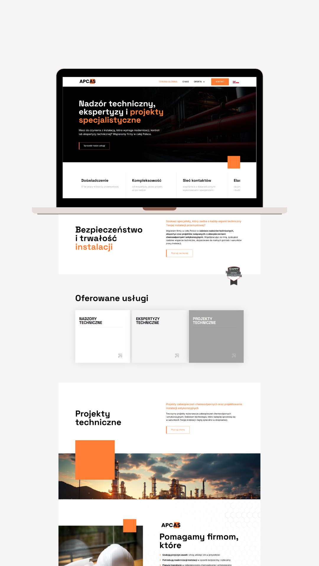 Ekran laptopa z otwartą stroną internetową firmy APCAS, prezentującą nadzór techniczny, ekspertyzy i projekty specjalistyczne w branży przemysłowej.