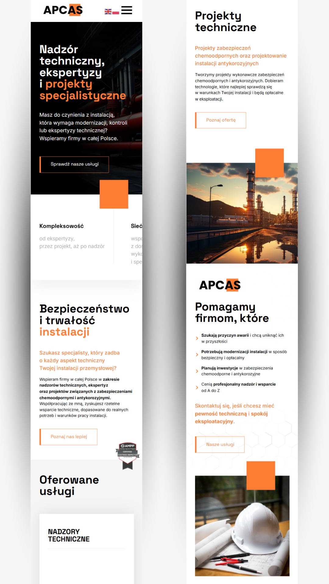 Strona internetowa firmy APCAS z ofertą nadzoru technicznego, ekspertyz i projektów specjalistycznych instalacji przemysłowych oraz zabezpieczeń antykorozyjnych.