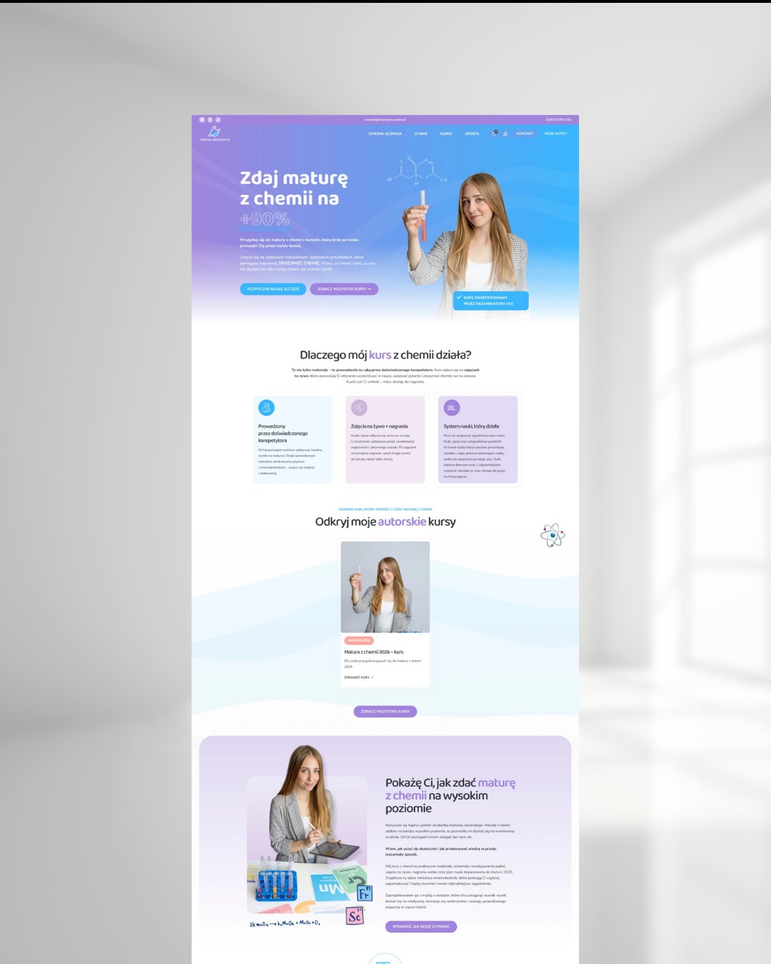 Strona internetowa z jasnym motywem, prezentująca kurs chemii. Zdjęcie zawiera grafikę z uśmiechniętą kobietą trzymającą probówkę, nagłówki i przyciski CTA.