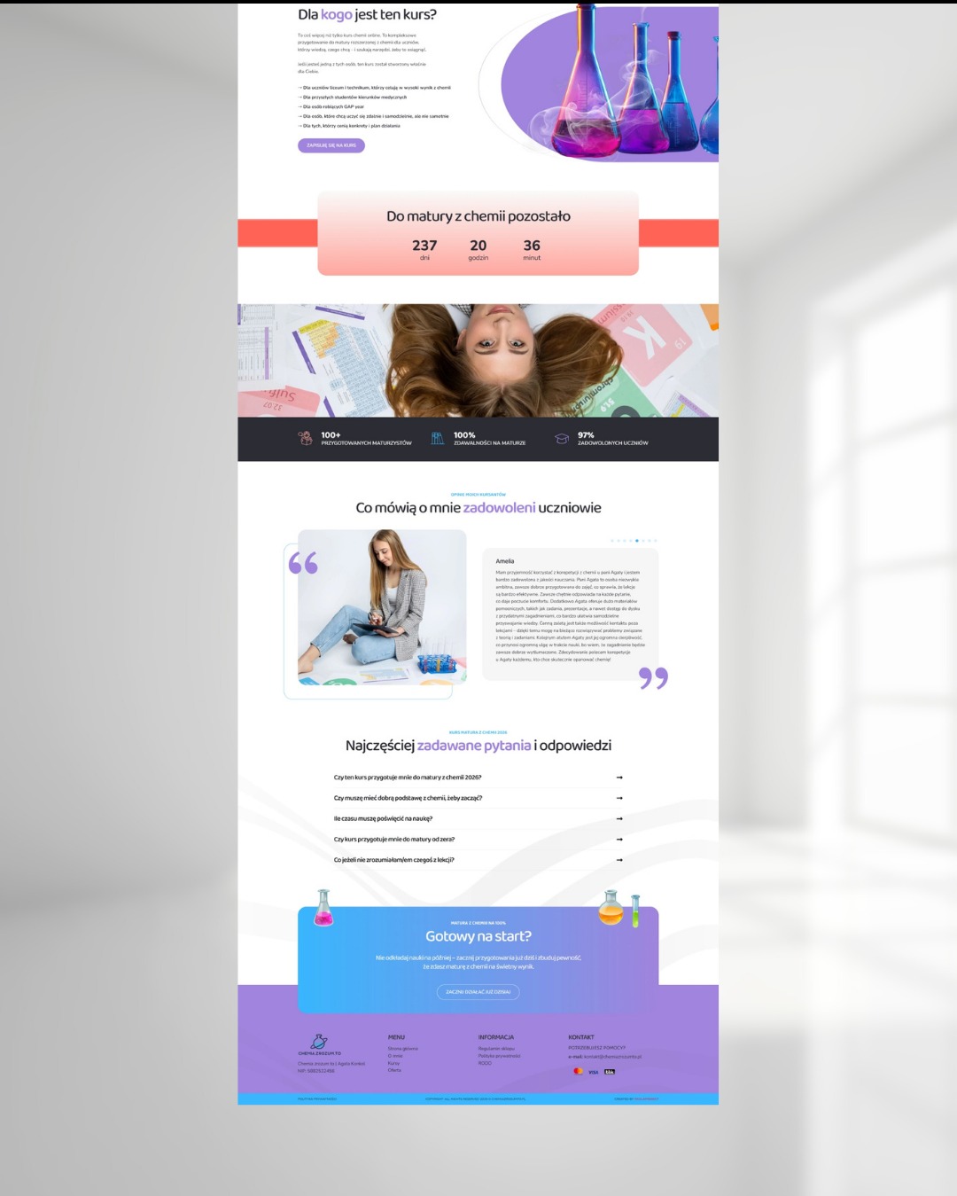 Landing page kursu chemii online z odliczaniem do matury, opiniami, FAQ i wezwaniem do działania. Grafika z probówkami i statystyki sukcesu kursantów.