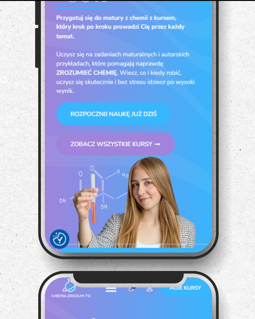 Prezentacja mobilna kursu chemii online: blondynka trzyma probówkę na tle wzoru chemicznego. Przyciski 'Rozpocznij naukę' i 'Zobacz kursy' zachęcają do działania.