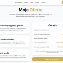 Zrzut ekranu strony internetowej firmy KrystianMyje, oferującej czyszczenie i pielęgnację grobów, mycie kostki brukowej oraz usuwanie graffiti z cennikiem usług.