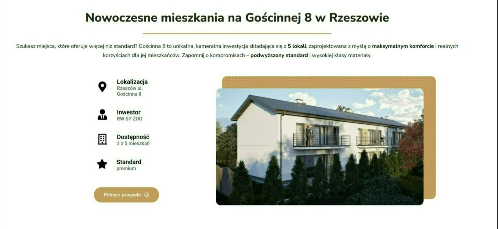 Strona dla Dewelopera Budowlanego prezentująca jego najnowszą inwestycję.