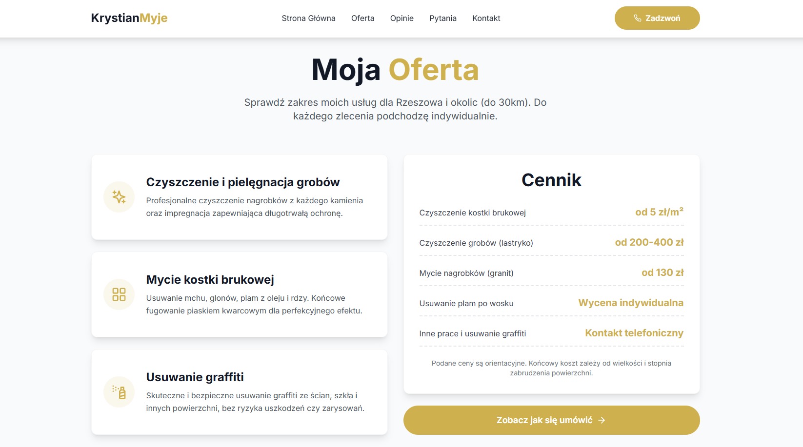 Zrzut ekranu strony internetowej firmy KrystianMyje, oferującej czyszczenie i pielęgnację grobów, mycie kostki brukowej oraz usuwanie graffiti z cennikiem usług.