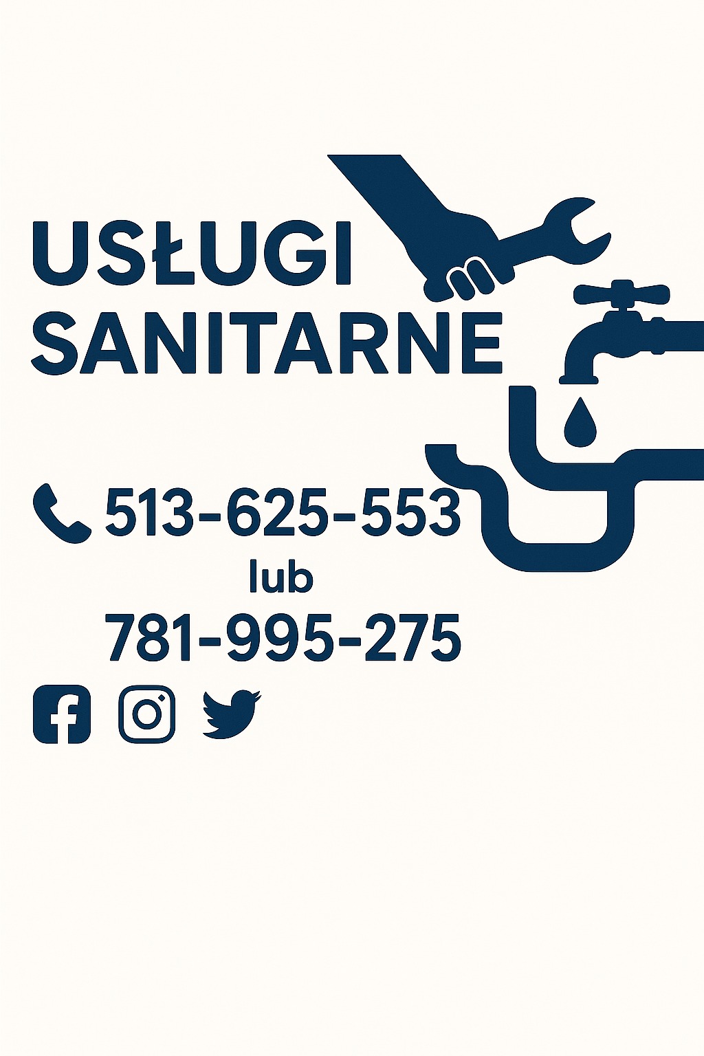 Grafika: Usługi sanitarne, kontakt telefoniczny, ikony mediów społecznościowych. Ręka z kluczem, kran z kroplą i rura. Minimalistyczny design w odcieniach błękitu.