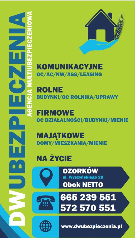 Agencja ubezpieczeniowa oferuje ubezpieczenia komunikacyjne, rolne, firmowe, majątkowe i na życie. Ozorków, ul. Wyszyńskiego 28. Kontakt: 665 239 551, 572 570 551.