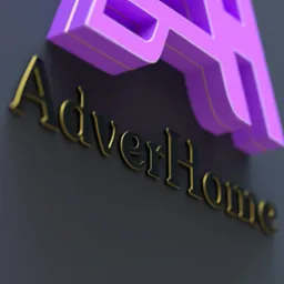 Eleganckie logo 'AdverHome' w 3D: fioletowy symbol domu z czarno-złotym napisem na grafitowym tle, z perspektywicznym ujęciem podkreślającym głębię.