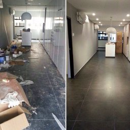 Biuro po budowie
Z poremontowego chaosu stworzyliśmy gotowe do pracy, reprezentacyjne wnętrze. Usunęliśmy pył budowlany, wyczyściliśmy okna, powierzchnie biurowe i podłogi. Każdy detal został dopracowany – od klamek po gniazdka.