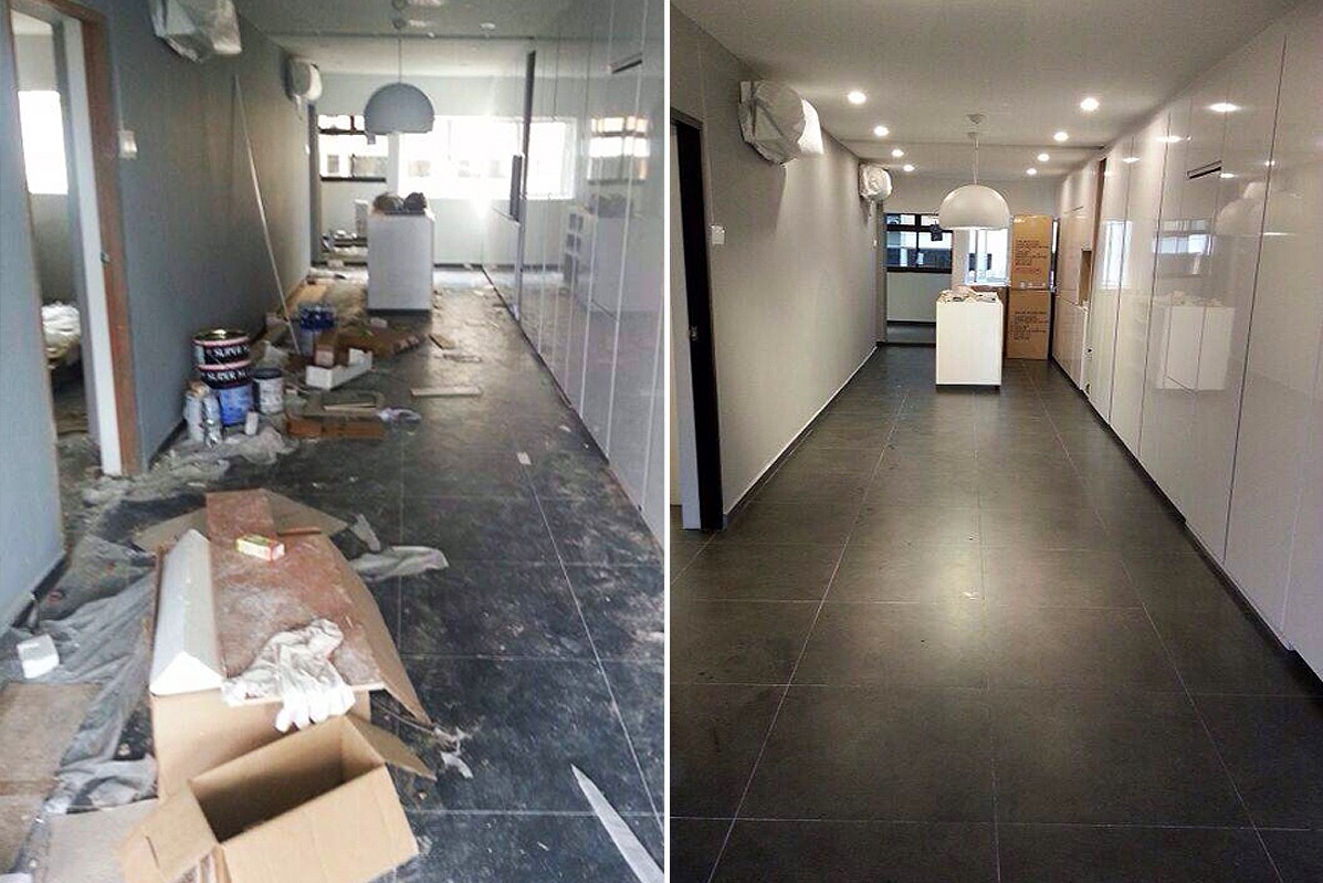 Kadr 'przed i po' sprzątania biura: po lewej bałagan po remoncie z farbami i kartonami, po prawej czysta przestrzeń z lśniącą podłogą i oświetleniem.