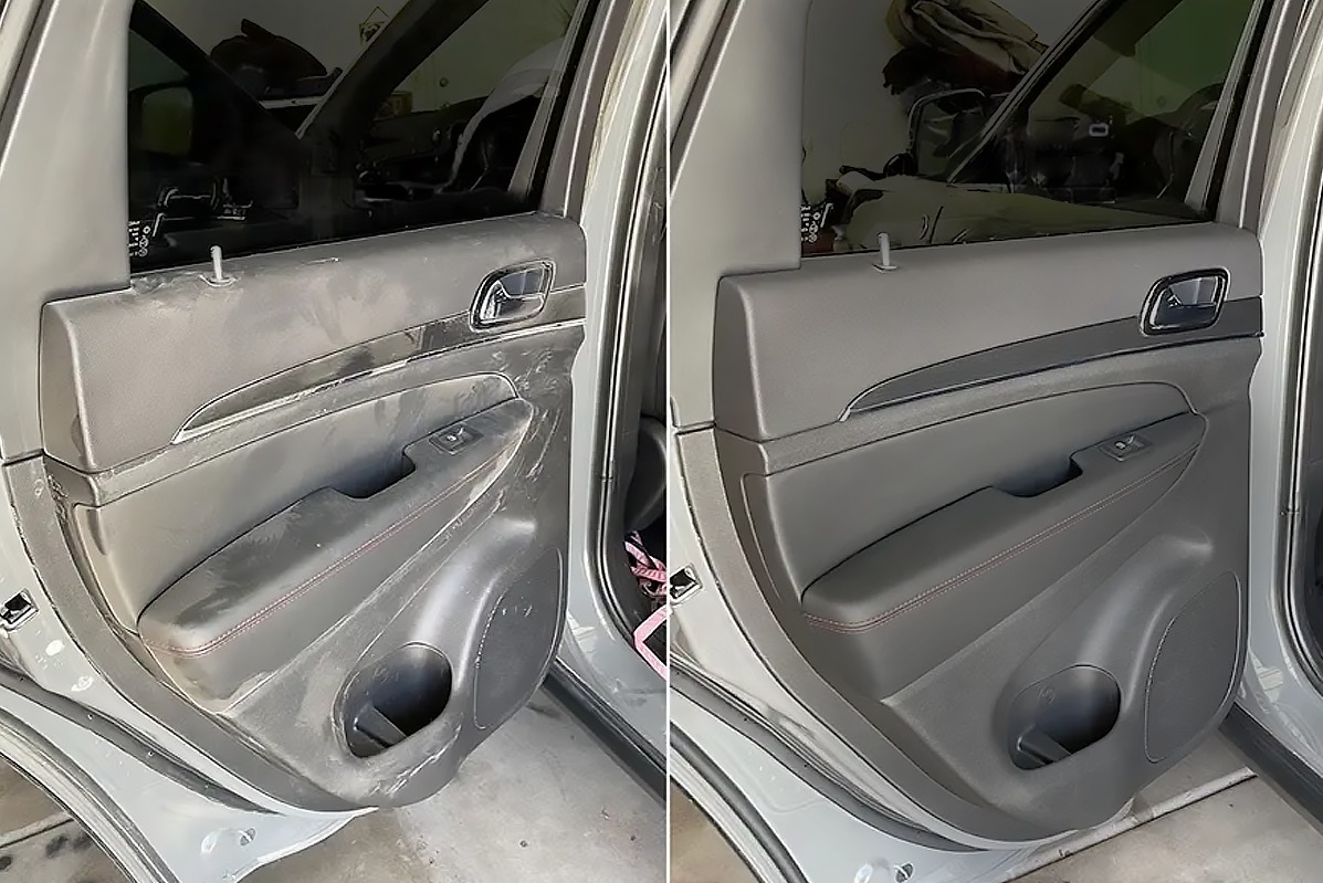 Tapicerka samochodowa: drzwi auta przed i po czyszczeniu. Widoczna różnica w wyglądzie i czystości materiału. Efekt kompleksowego detailingu wnętrza.