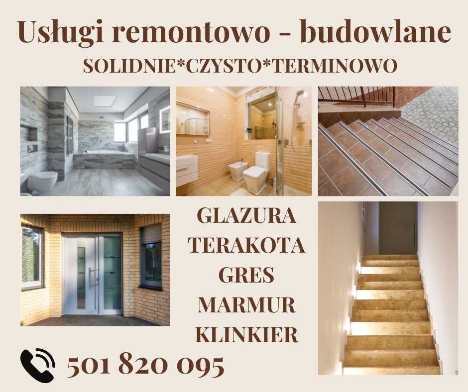 Usługi remontowo-budowlane: mozaika zdjęć prezentuje łazienki z glazurą, schody z terakoty i wejście z klinkieru. Telefon kontaktowy widoczny na dole.