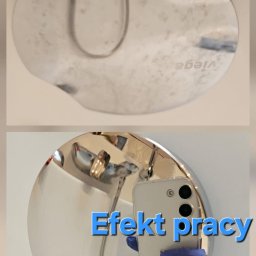 Natalia Koryl - Chromowany element prysznicowy przed i po czyszczeniu: od matowego, pokrytego osadem do lśniącego, z lustrzanym odbiciem dłoni w niebieskiej rękawiczce.