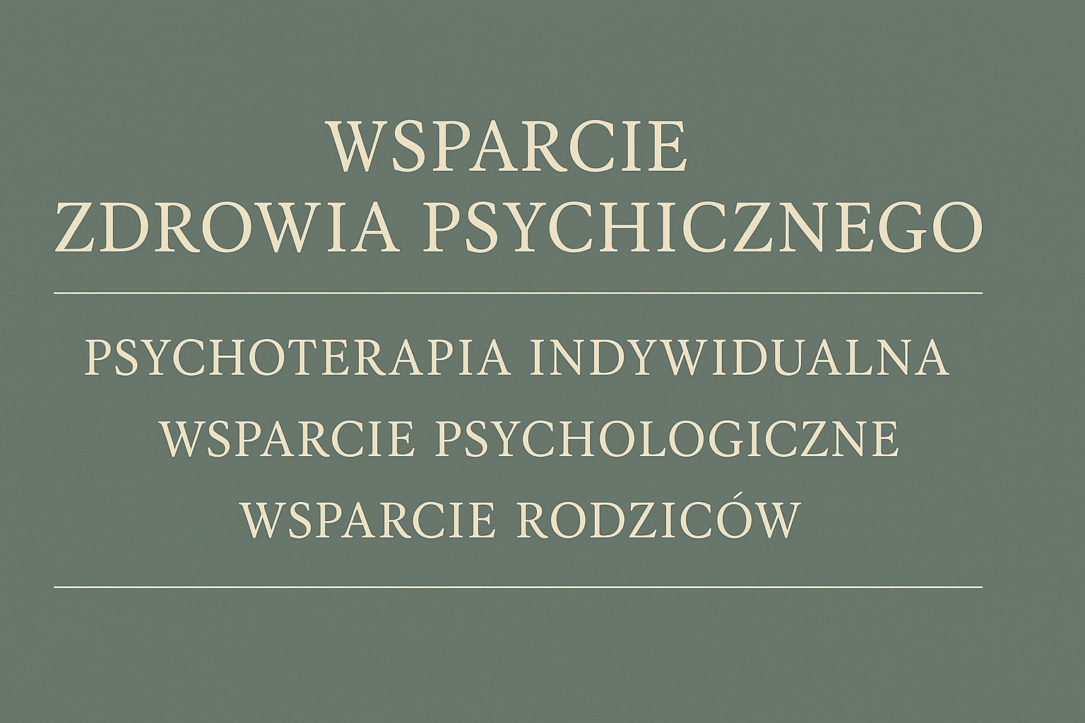 Tekst na oliwkowym tle: 'Wsparcie zdrowia psychicznego', 'Psychoterapia indywidualna', 'Wsparcie psychologiczne', 'Wsparcie rodziców'.
